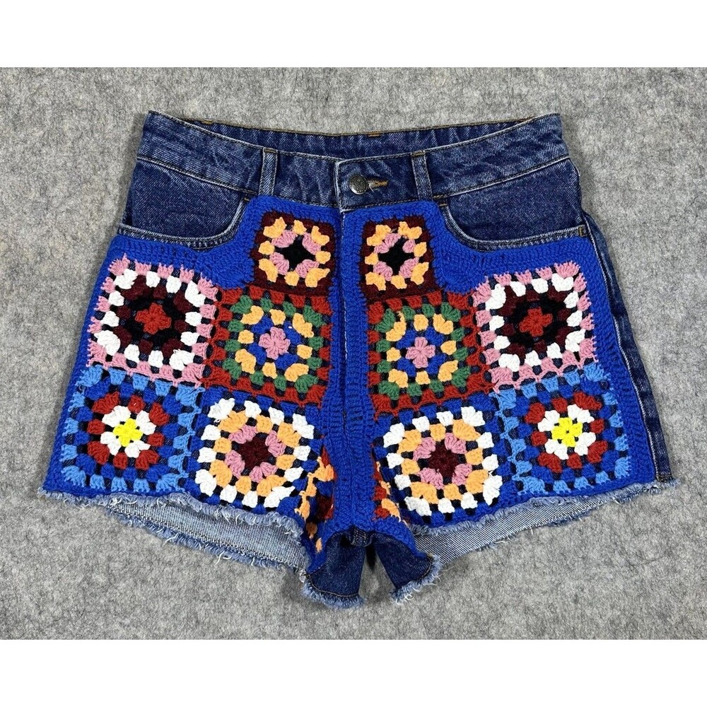 Farm Rio Anthropologie Crochet Grabby Denim Shorts Women’s 27 Jean Raw Hem - Picture 1 of 7